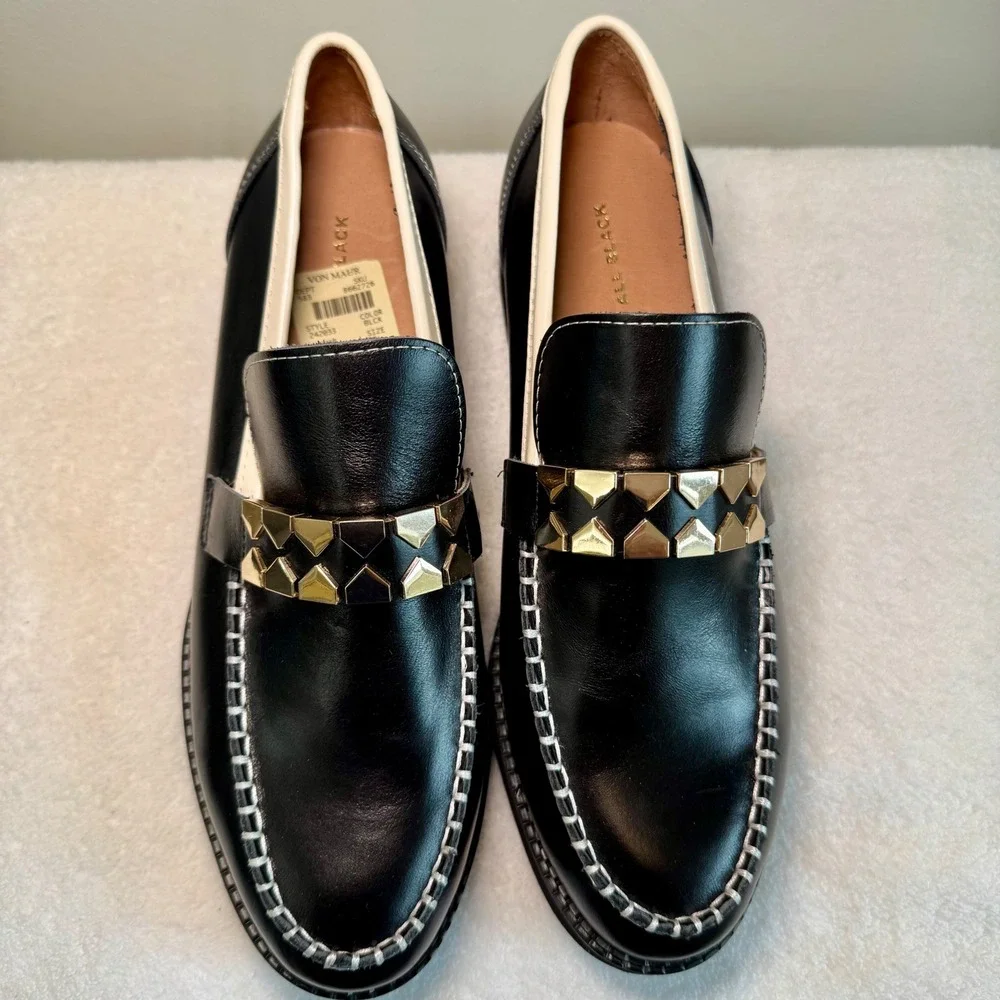 All Black Leather Clip & Stitch Slip On Loafers Contrast Stitching Size 40